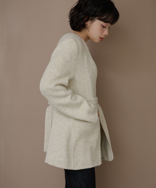 LAULEN(ローレン)の「cotton wool choker layered jacket /コットンウールチョーカーレイヤードジャケット(ノーカラージャケット・レディース・チャコールグレー/アイボリー/オートミール・FREE)」の4枚目の写真