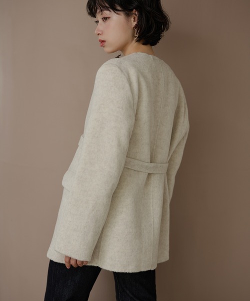 LAULEN(ローレン)の「cotton wool choker layered jacket /コットンウールチョーカーレイヤードジャケット(ノーカラージャケット・レディース・チャコールグレー/アイボリー/オートミール・FREE)」の5枚目の写真