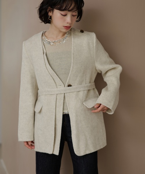 LAULEN(ローレン)の「cotton wool choker layered jacket /コットンウールチョーカーレイヤードジャケット(ノーカラージャケット・レディース・チャコールグレー/アイボリー/オートミール・FREE)」の6枚目の写真