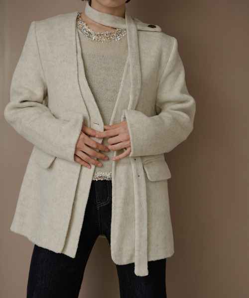 LAULEN(ローレン)の「cotton wool choker layered jacket /コットンウールチョーカーレイヤードジャケット(ノーカラージャケット・レディース・チャコールグレー/アイボリー/オートミール・FREE)」の8枚目の写真