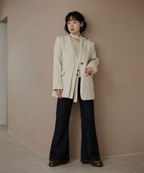 LAULEN(ローレン)の「cotton wool choker layered jacket /コットンウールチョーカーレイヤードジャケット(ノーカラージャケット・レディース・チャコールグレー/アイボリー/オートミール・FREE)」の14枚目の写真