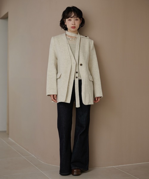 LAULEN(ローレン)の「cotton wool choker layered jacket /コットンウールチョーカーレイヤードジャケット(ノーカラージャケット・レディース・チャコールグレー/アイボリー/オートミール・FREE)」の16枚目の写真