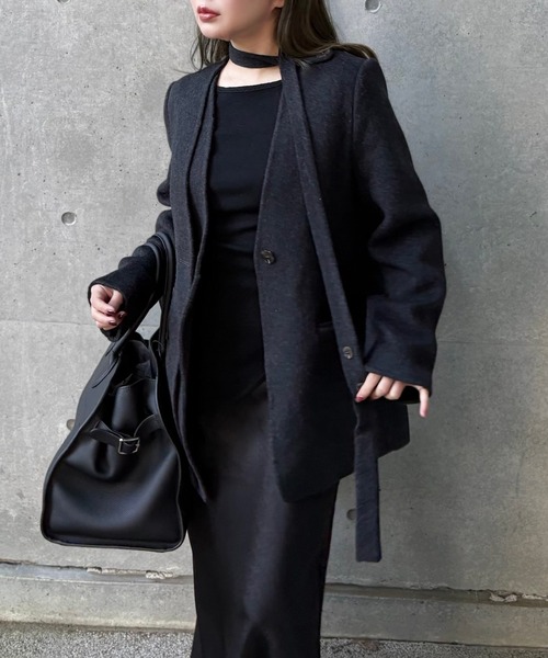 LAULEN(ローレン)の「cotton wool choker layered jacket /コットンウールチョーカーレイヤードジャケット(ノーカラージャケット・レディース・チャコールグレー/アイボリー/オートミール・FREE)」の17枚目の写真