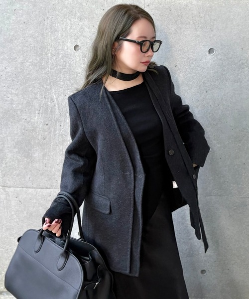 LAULEN(ローレン)の「cotton wool choker layered jacket /コットンウールチョーカーレイヤードジャケット(ノーカラージャケット・レディース・チャコールグレー/アイボリー/オートミール・FREE)」の18枚目の写真