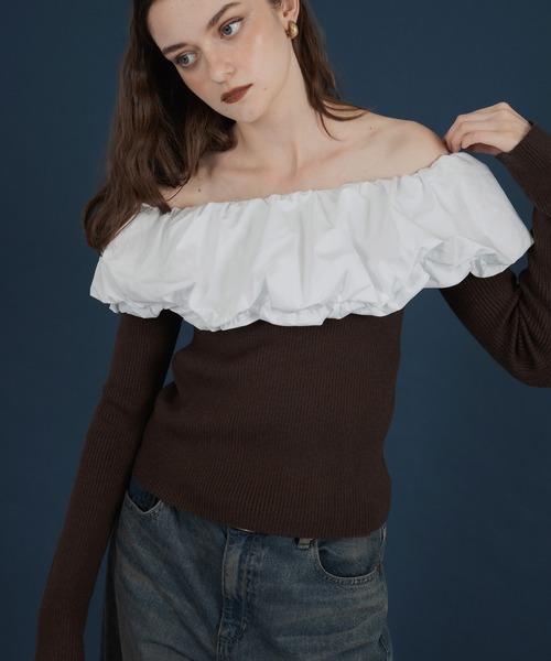 Mili affinity（ミリアフィニティー）の「バイカラーバルーンオフショルリプニット（ニット/セーター・レディース・ブラウン/ブラック系/アイボリー/ブラック/杢グレー・FREE）」の5枚目の写真