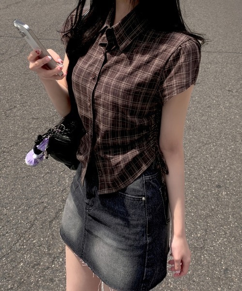 おしゃれスタ(オシャレスタ)の「リボンで魅せる秋チェックシャツ(シャツ/ブラウス・レディース・ブラウン/ブラック・S/M/L/XL)」の1枚目の写真