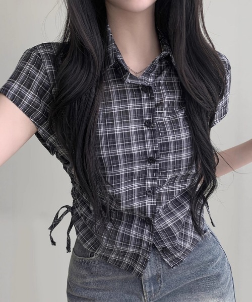おしゃれスタ(オシャレスタ)の「リボンで魅せる秋チェックシャツ(シャツ/ブラウス・レディース・ブラウン/ブラック・S/M/L/XL)」の2枚目の写真
