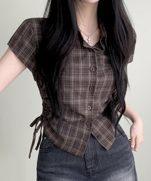 おしゃれスタ(オシャレスタ)の「リボンで魅せる秋チェックシャツ(シャツ/ブラウス・レディース・ブラウン/ブラック・S/M/L/XL)」の13枚目の写真