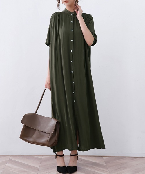 ReRe（リリ）の「スタンドカラーロングワンピース（シャツワンピース・レディース・ブラック/ブルー/モスグリーン/ブラウン/ホワイト/ベージュ・FREE）」の11枚目の写真