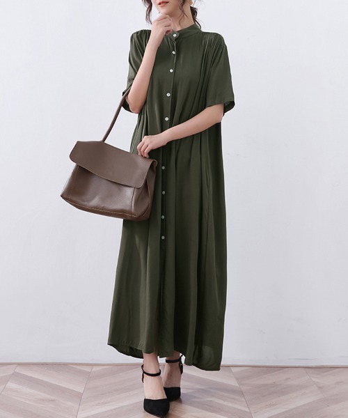 ReRe（リリ）の「スタンドカラーロングワンピース（シャツワンピース・レディース・ブラック/ブルー/モスグリーン/ブラウン/ホワイト/ベージュ・FREE）」の13枚目の写真