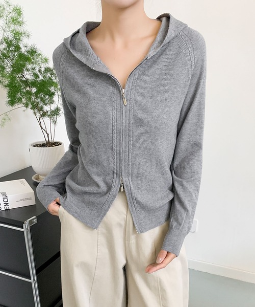 セール】ハイネックフード付き ダブルジップ無地カーディガン