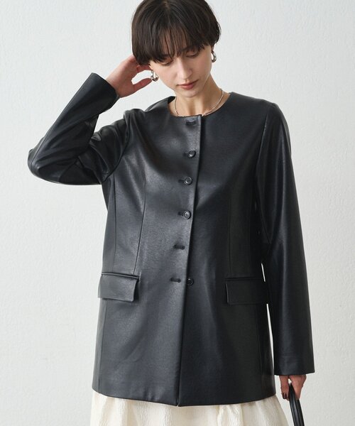 セール】ノーカラーフェイクレザージャケット（ライダースジャケット