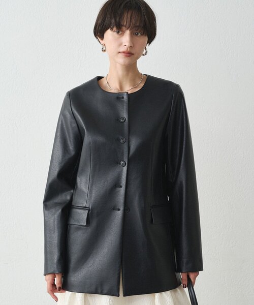 ノーカラーフェイクレザージャケット（ライダースジャケット