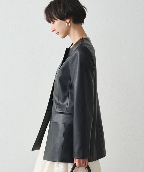 セール】ノーカラーフェイクレザージャケット（ライダース