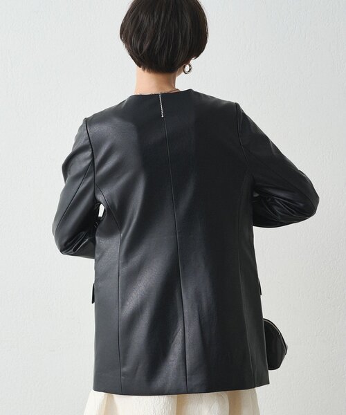 【新品】 Laungedress レザージャケット セール】ノーカラーフェイクレザージャケット（ライダース