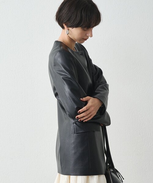 セール】ノーカラーフェイクレザージャケット（ライダース