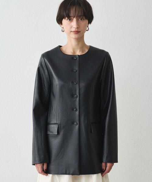 ノーカラーフェイクレザージャケット（ライダースジャケット