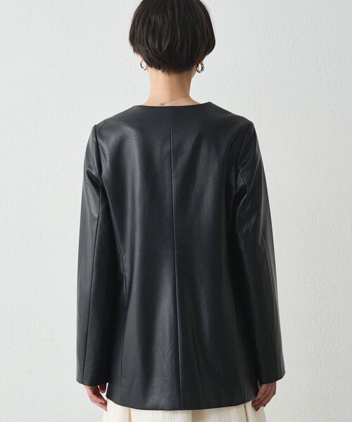 セール】ノーカラーフェイクレザージャケット（ライダース