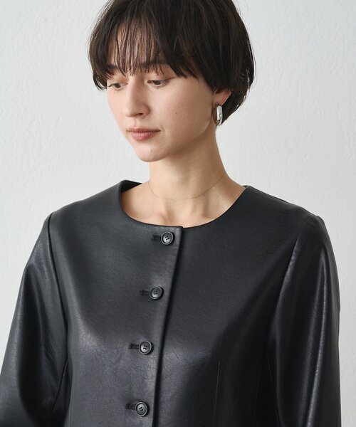 セール】ノーカラーフェイクレザージャケット（ライダース