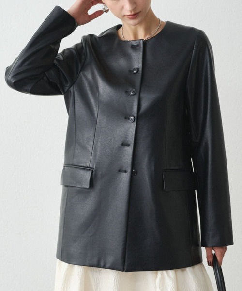 セール】ノーカラーフェイクレザージャケット（ライダース