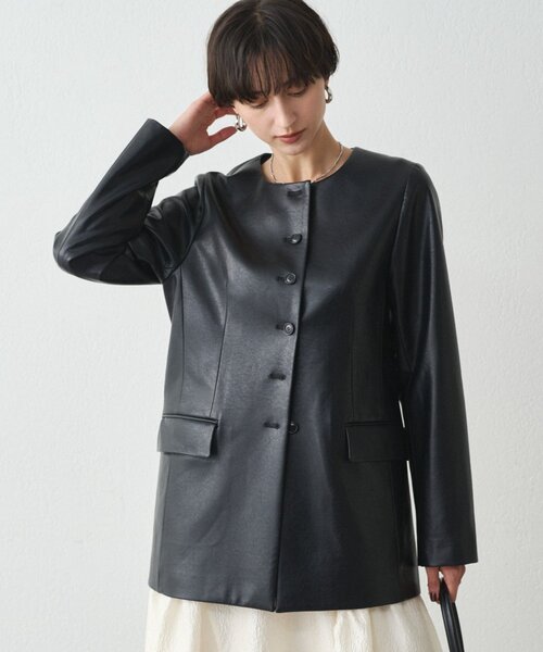 セール】ノーカラーフェイクレザージャケット（ライダース