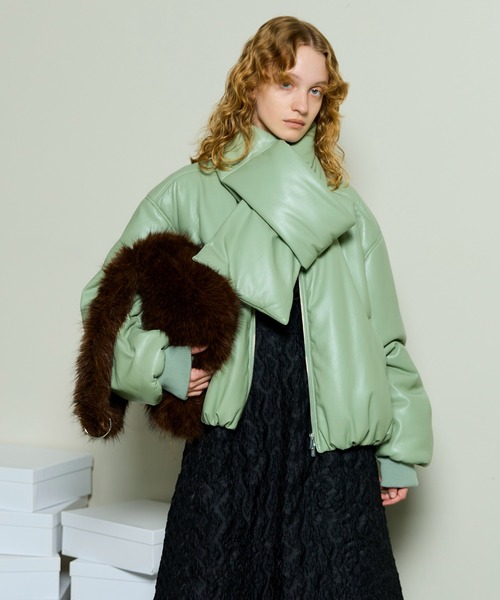 セール】Leather Puffer Jacket With Muffler / マフラーセットレザー