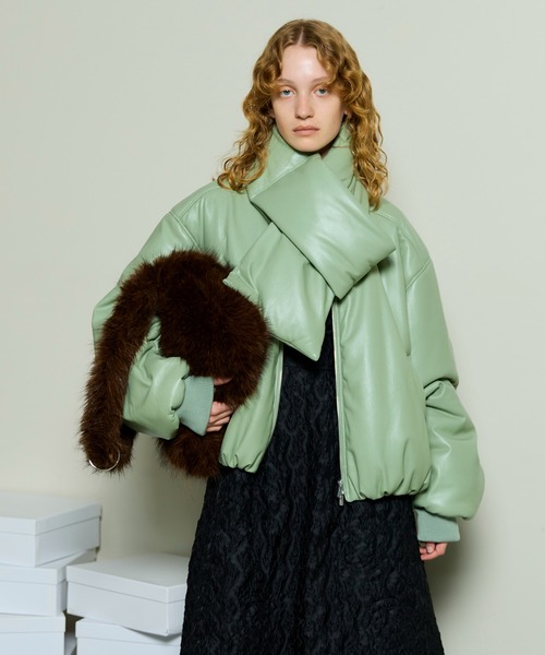 セール】Leather Puffer Jacket With Muffler / マフラーセットレザー