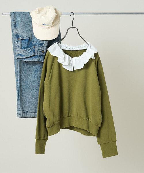 セール】フリル襟 レイヤード風 スウェット/ 襟ドッキングスウェット