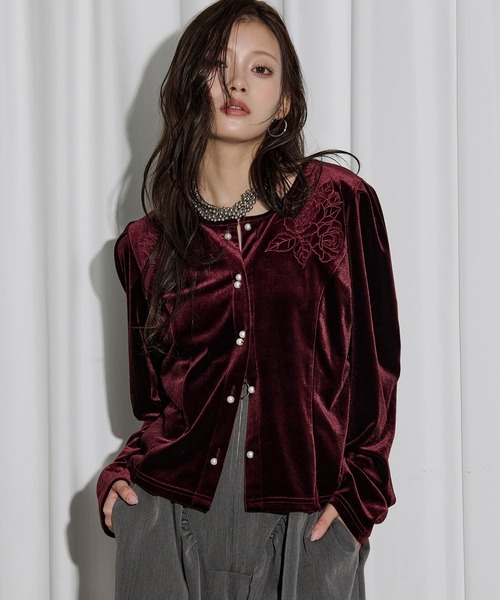 セール】rose velours cardigan ローズ刺繍パールベロアカーディガン