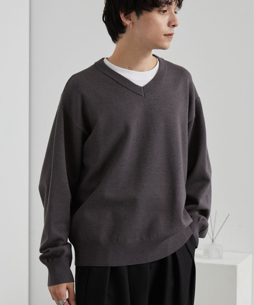 スウェットライク ベーシック オーバーサイズ Vネックニット MONO-MART