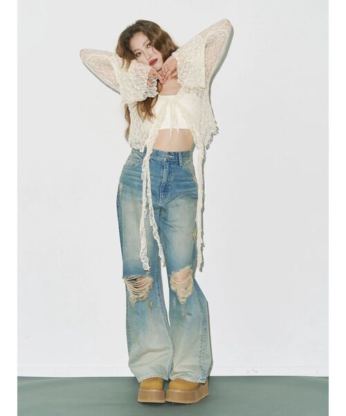 EVRIS（エヴリス）の「ヴィンテージイクダメージワイドデニムパンツ（デニムパンツ・レディース・インディゴブルー/ブラック・SMALL/MEDIUM）」の3枚目の写真