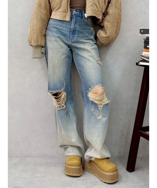 EVRIS（エヴリス）の「ヴィンテージイクダメージワイドデニムパンツ（デニムパンツ・レディース・インディゴブルー/ブラック・SMALL/MEDIUM）」の12枚目の写真