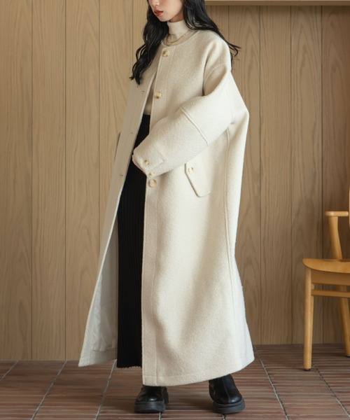 hinari(ヒナリ)の「ブークレノーカラーロングコート(その他アウター・レディース・ベージュ/アイボリー/ブラック・SMALL/FREE)」の6枚目の写真