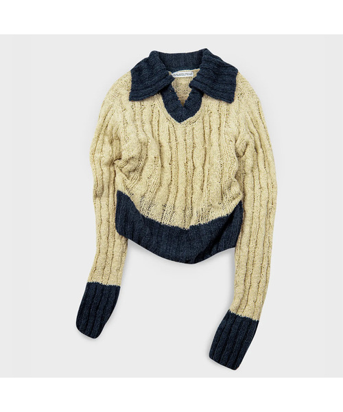 PLACE STUDIO（プレイススタジオ）の「ソフトブークルVネックケーブル配色ニットプルオーバースリーブ（ニット/セーター・レディース・ライトベージュ/アイボリー・FREE）」の2枚目の写真