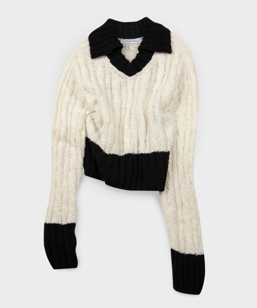 PLACE STUDIO（プレイススタジオ）の「ソフトブークルVネックケーブル配色ニットプルオーバースリーブ（ニット/セーター・レディース・ライトベージュ/アイボリー・FREE）」の8枚目の写真