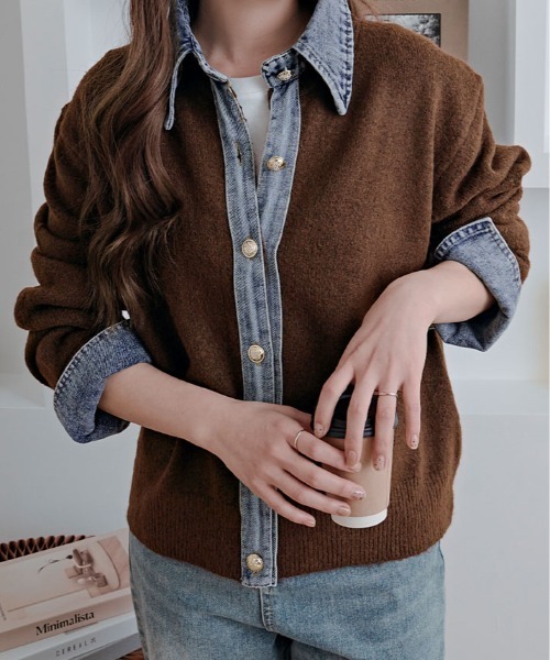 kirakiraShop(キラキラショップ)の「デニムライク ドッキング カーディガン(カーディガン/ボレロ・レディース・キャメル/杢グレー/オートミール/ネイビー/チャコール/ダークブラウン/ワイン・FREE)」の1枚目の写真