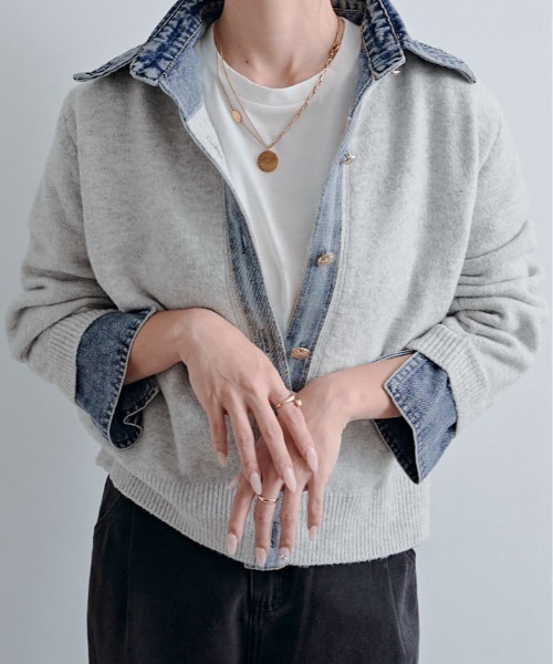 kirakiraShop(キラキラショップ)の「デニムライク ドッキング カーディガン(カーディガン/ボレロ・レディース・キャメル/杢グレー/オートミール/ネイビー/チャコール/ダークブラウン/ワイン・FREE)」の4枚目の写真