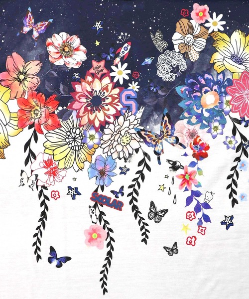 ScoLar（スカラー）の「153729：花×夜空柄ミックス裏毛チュニック（チュニック・レディース・ネイビー/ブラック・M）」の6枚目の写真