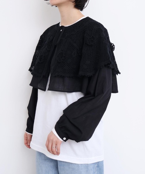 l'atelier du savon(アトリエドサボン)の「handcraft かぎ針とお花のボレロ襟ブラウス(シャツ/ブラウス・レディース・ブラック/ホワイト・FREE)」の15枚目の写真