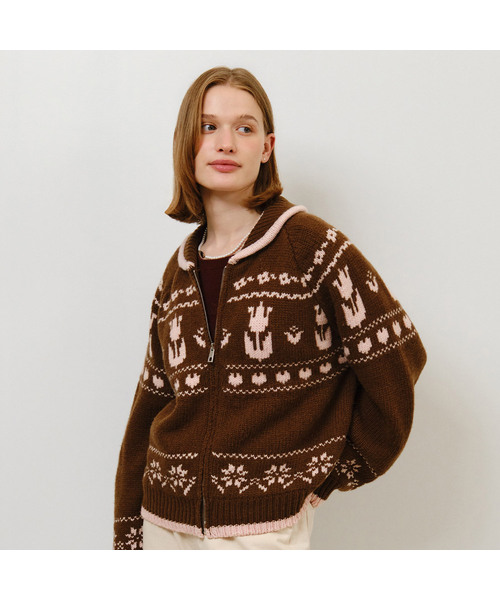 Multi Jacquard Knit Zip Up Cardigan - Brown