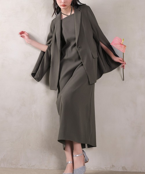 Kana（カナ）の「シングルジャケット 袖ファスナー Iライン ワンピース 2点セット パーティー ドレス 結婚式 お呼ばれ オケージョン（ドレス・レディース・ブラック/チャコールグレー/ブラウン・S/M）」の2枚目の写真