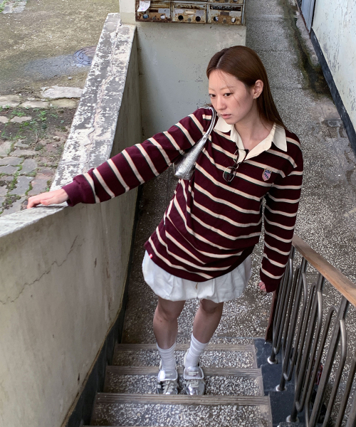 MENASOO(ミナス)の「Menasoo Stripe Rugby T Shirt_Burgundy(ポロシャツ・レディース・バーガンディー・F)」の3枚目の写真
