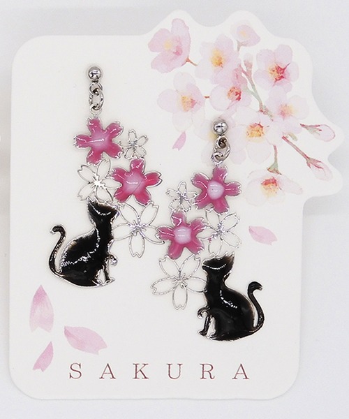 gargle(ガーグル)の「gargle ガーグル:SAKURAシリーズ ねこと桜白ねこ 黒ねこ さくら サクラ ピアス(ピアス(両耳用)・レディース・ブラック/ホワイト・FREE)」の4枚目の写真
