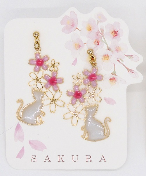 gargle(ガーグル)の「gargle ガーグル:SAKURAシリーズ ねこと桜白ねこ 黒ねこ さくら サクラ ピアス(ピアス(両耳用)・レディース・ブラック/ホワイト・FREE)」の10枚目の写真