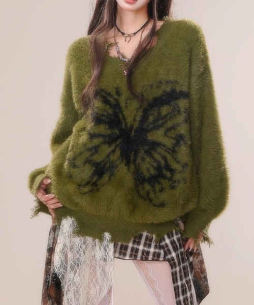 CANVAS+(キャンバスプラス)の「【CANVAS+】バタフライプリントVネックダメージシャギーニット(ニット/セーター・レディース・ホワイト/カーキ/ブラック・M)」の3枚目の写真