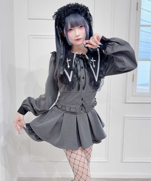 MA*RS(アメーバーマーズ)の「クロス刺繍短丈セットアップ 2点SET(セットアップ・レディース・ブラック/ブラック×ホワイト/チャコールグレー/グレー/ホワイト×ブラック/ブラック×ブラック・FREE)」の12枚目の写真