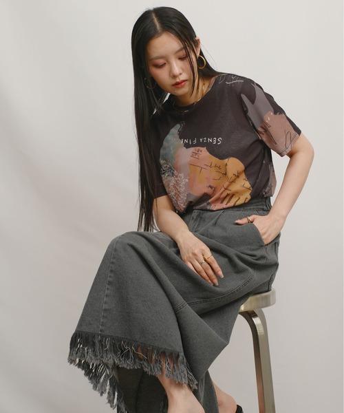 palm RICHE(ポームリシュ)の「オリジナル柄シアーカットT(Tシャツ/カットソー・レディース・オフホワイト/ブラック・M)」の2枚目の写真