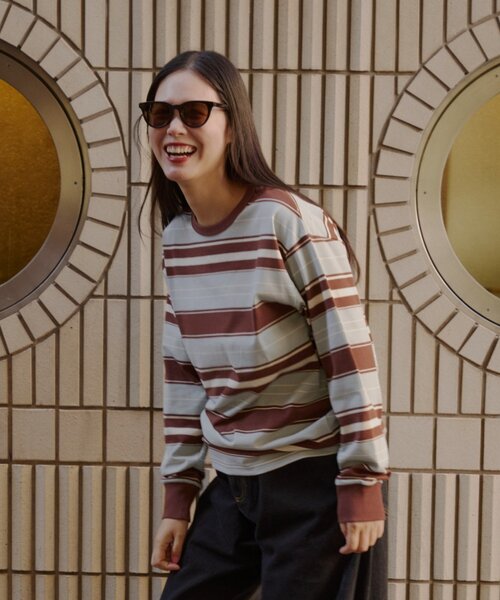 WHIMSIC(ウィムジック)の「【WHIMSIC/2サイズ展開】ミックスボーダーロングスリーブTシャツ(Tシャツ/カットソー・メンズ・ネイビー/ブラウン/ホワイト/グリーン・2/1)」の3枚目の写真