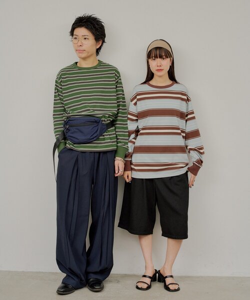 WHIMSIC(ウィムジック)の「【WHIMSIC/2サイズ展開】ミックスボーダーロングスリーブTシャツ(Tシャツ/カットソー・メンズ・ネイビー/ブラウン/ホワイト/グリーン・2/1)」の5枚目の写真