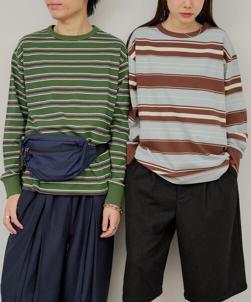 WHIMSIC(ウィムジック)の「【WHIMSIC/2サイズ展開】ミックスボーダーロングスリーブTシャツ(Tシャツ/カットソー・メンズ・ネイビー/ブラウン/ホワイト/グリーン・2/1)」の6枚目の写真